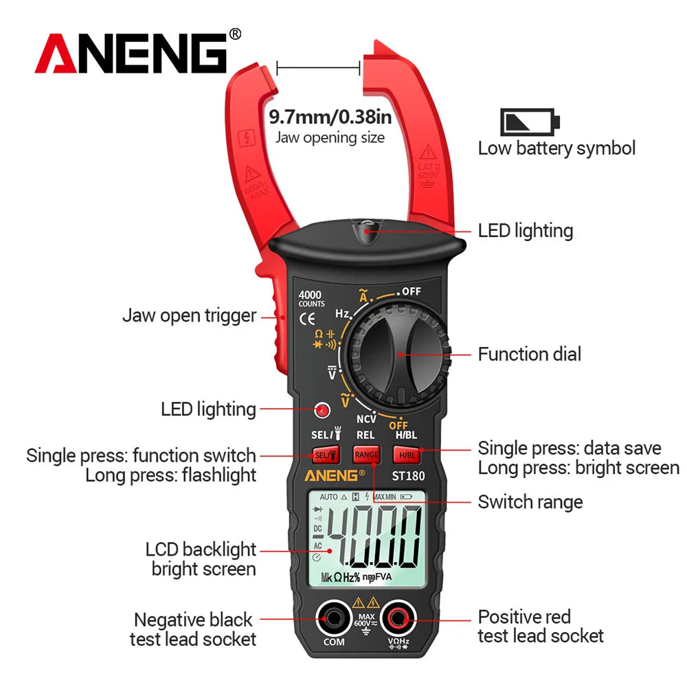 ANENG ST180 AC Current Clamp Meter  Digital 4000 Counts Multimeter Ammeter Voltage Tester Car Amp Hz Capacitance NCV Ohm Tool - Shoppiline
