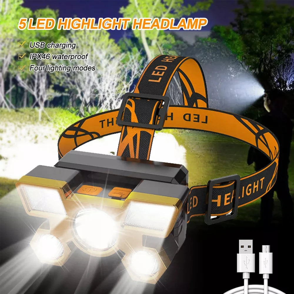 1x Wiederaufladbare Stirnlampe, Tragbare 5LED Scheinwerfer-Taschenlampe, Tragbare Arbeitsleuchte, Angeln Camping Stirnlampe für Reisen, Camping
