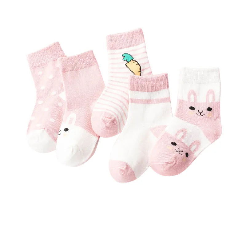 5 Paar Cartoon-Babysocken Frühling Herbst Streifen Punkte Mädchen Jungen Söckchen Weiche Kleinkind Kinder Kurze Socken