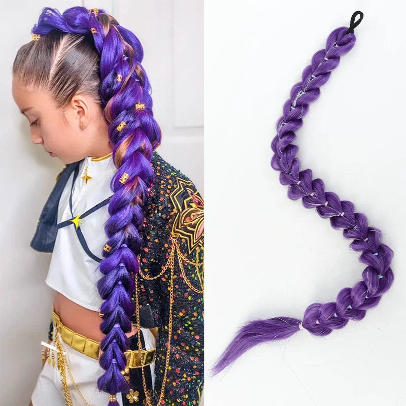 Synthetic 26inch Long Braided Purple Hair Ponytail Rumi Costume Hairstyle Ponytail with Clips for Kids Girls Halloween Christmas