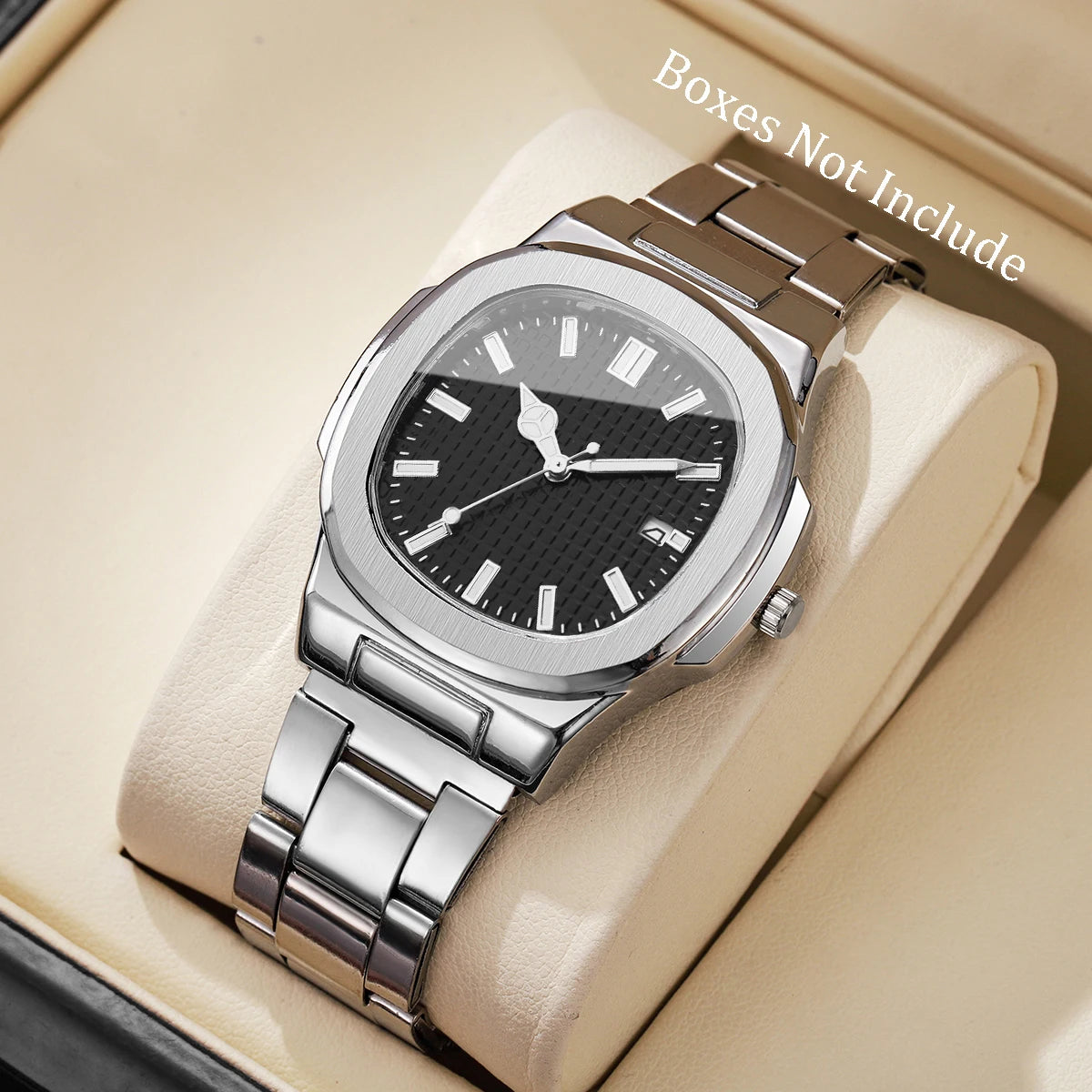 Luxus Herren Business Uhren Mode Quadratisches Zifferblatt Edelstahlarmband Quarzuhr mit Kalender für Herrenuhr (Ohne Box)