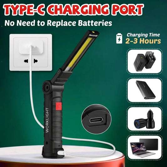 Rechargeable LED COB Work Light USB Magnetic Inspection Torch with Hook Dimmable Flashlight 18650 Battery Repair Camping Lantern