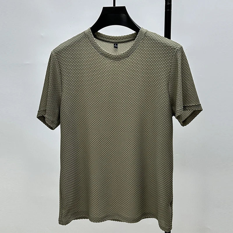 Men's Short Sleeve Mesh Bamboo Ice Silk T-shirt Casual Versatile Summer Elastic Slimming Top for Men
