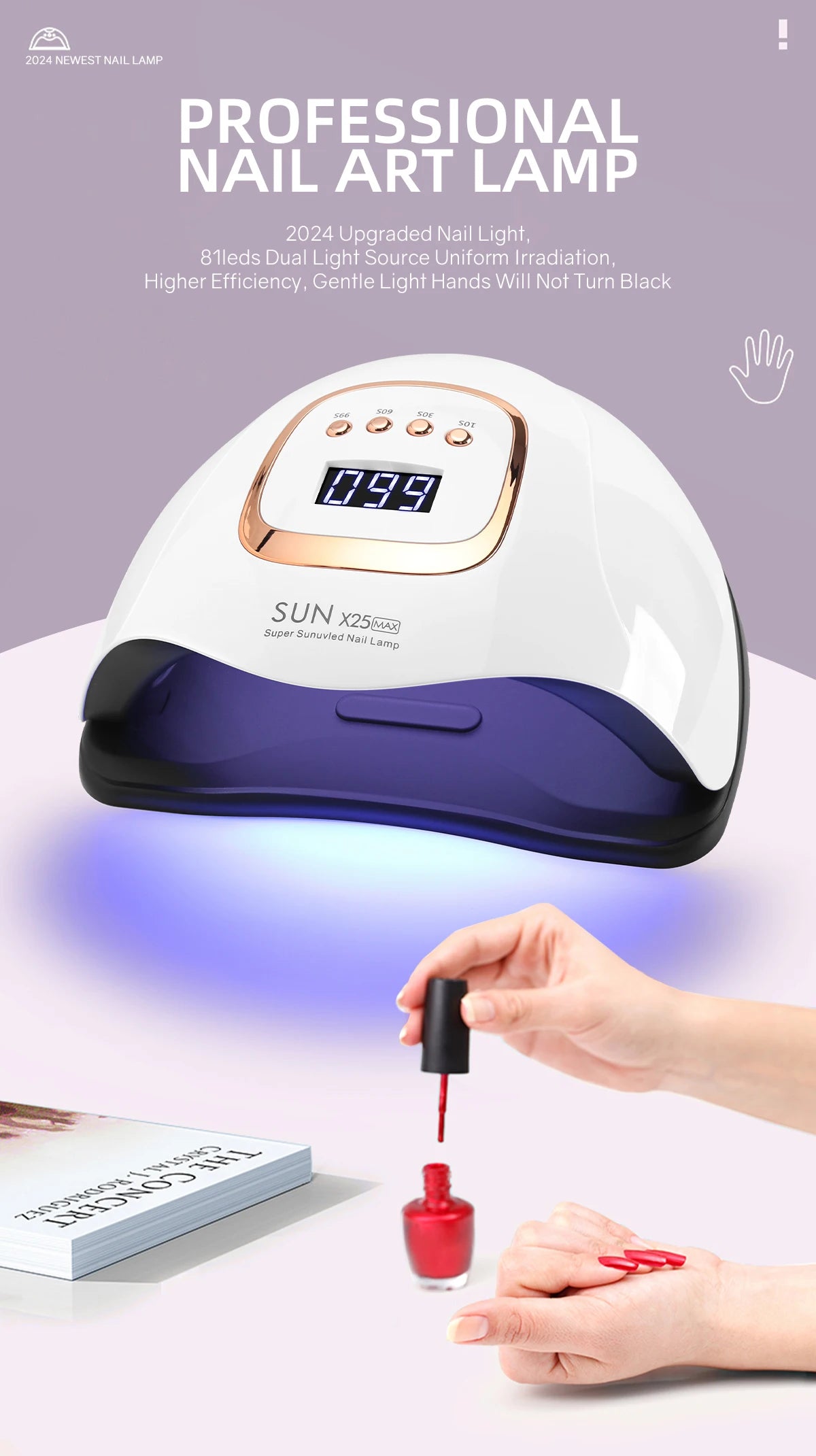 Lampe à ongles UV LED 380W 81 LED, séchoir à ongles pour vernis gel, 4 réglages de minuterie, lampe à ongles UV professionnelle, lumière à ongles à capteur automatique