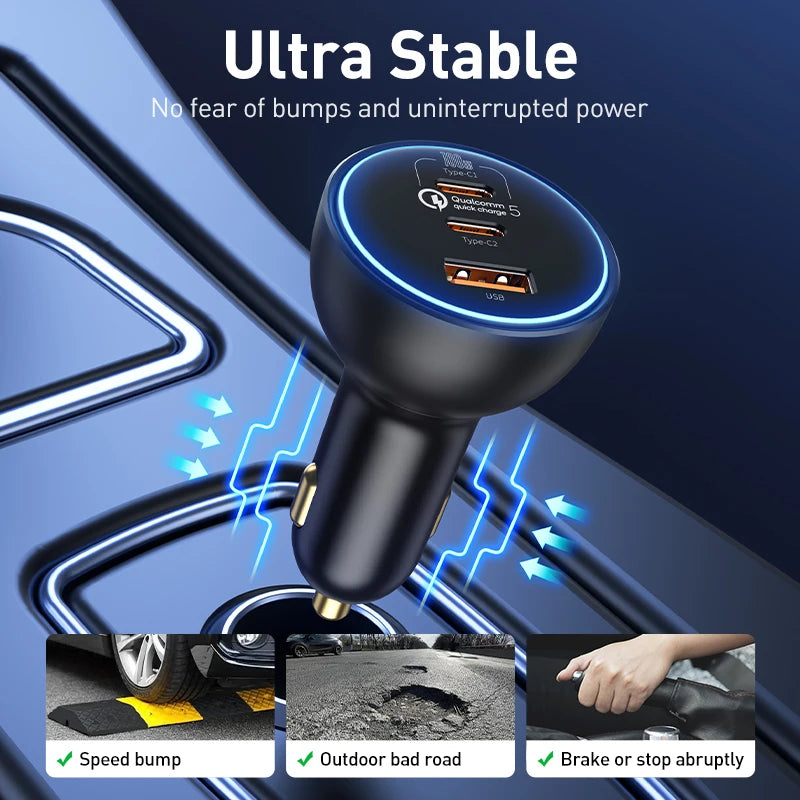Baseus 160W Car Charger QC 5.0 Fast Quick Charging PPS PD3.0 USB Type C Car Phone Charge For iPhone 13 14 15 Pro Laptops Tablets - Shoppiline