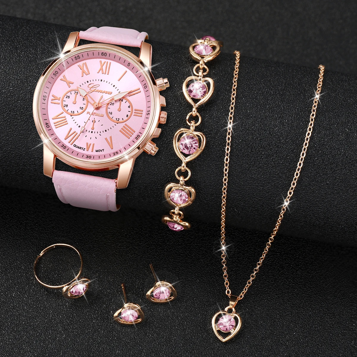 5/6 Stück modische Damen-Quarzuhren mit Lederarmband, analoge Armbanduhren, Herz-Strass-Schmuckset (ohne Box)
