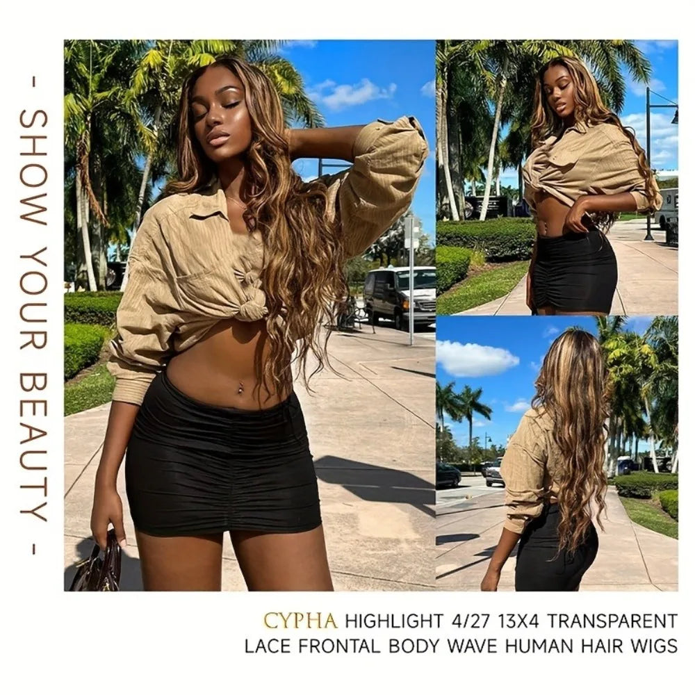 30 Zoll Honigblond Ombre Lace-Front-Perücke Echthaar 13x4 HD Lace-Front-Perücke 4/27 Highlight Ombre Body Wave Lace Frontal Ohne Kleber