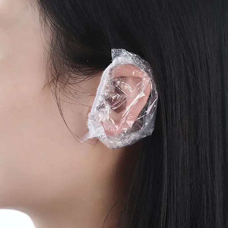 100PCS Disposable Hair Earmuff Dye Transparent Elastic Shower Hair Dye Protection Tool Shield Waterproof Earpack Plastic Wrap