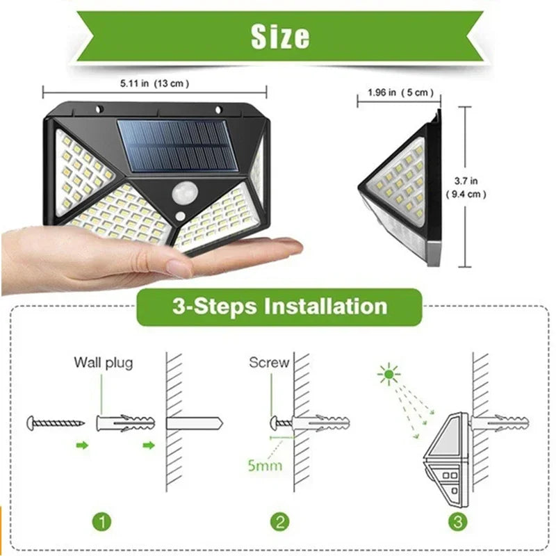 Smart Solar LED Wall Lights 100 LED Motion Sensor Outdoor Waterproof,Solar Charging Security Wall Lamp,Courtyard Garden Fence