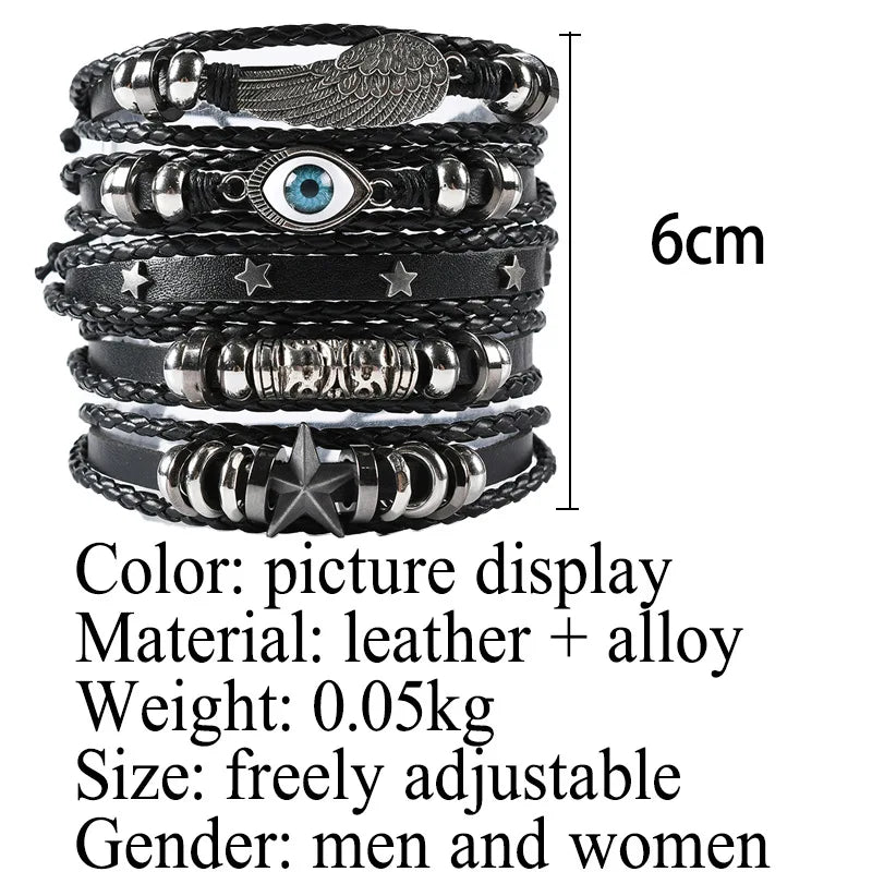 6pcs/Set Black Punk Skull & Star Shaped Alloy & Pu Leather Bracelet