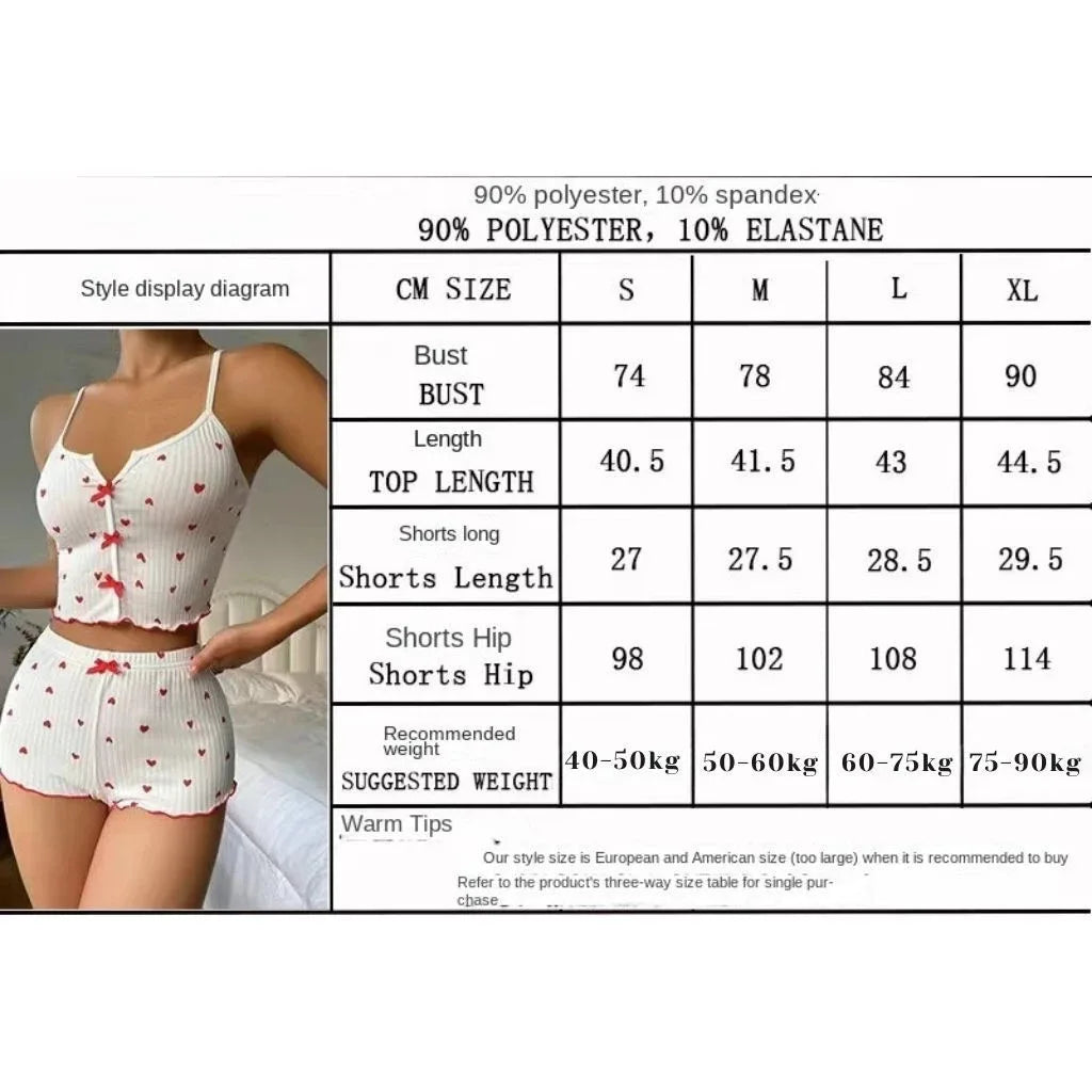 Sleepwear Women Pajamas Set Heart Print Soft Ribbed Fabric with Flirty Frill Trim Casual Cami Top and Shorts Sets Loungewear