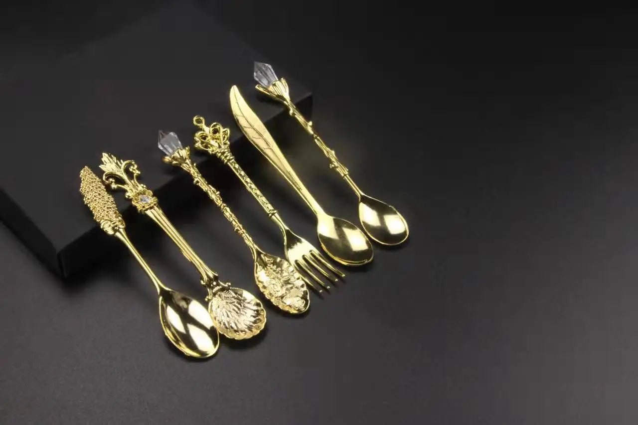 Vintage Court Coffee Spoon 6PCS/Set Ice Cream Spoon Jam Spoon Dessert Spoon Crystal Head Tableware Set Gift Crafts
