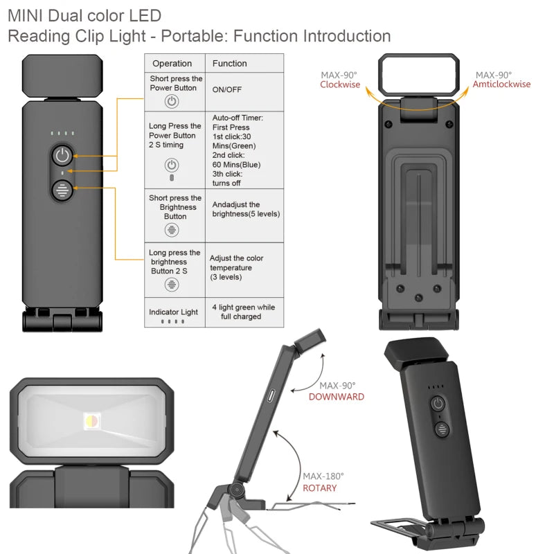 Reading Lights for Books Portable Clip-on LED USB Rechargeable Lamp Eye-protection in 5 Brightness Perfect for Book Lovers Kids