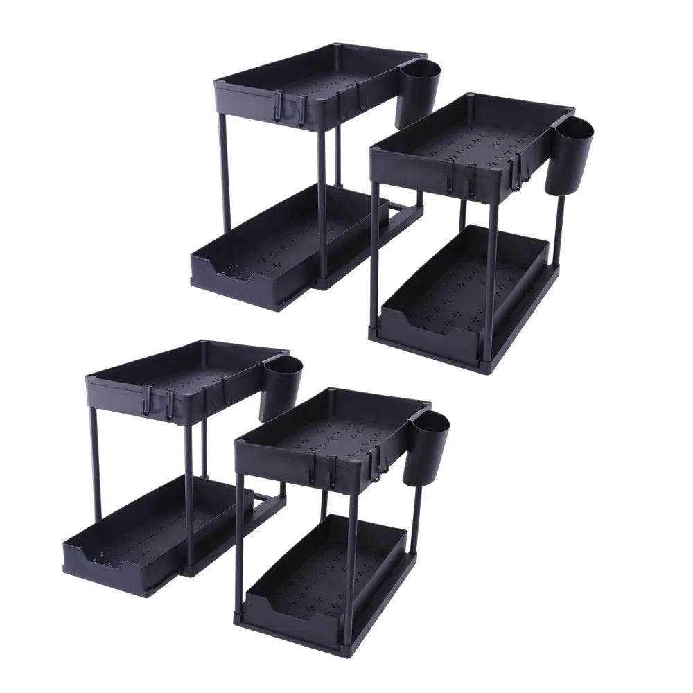 Under Sink Organizers 2 Tier Under Bathroom Cabinet Holder with Hooks & Hanging Cup, Multi-Purpose Storage Shelf for  Kitchen - Shoppiline