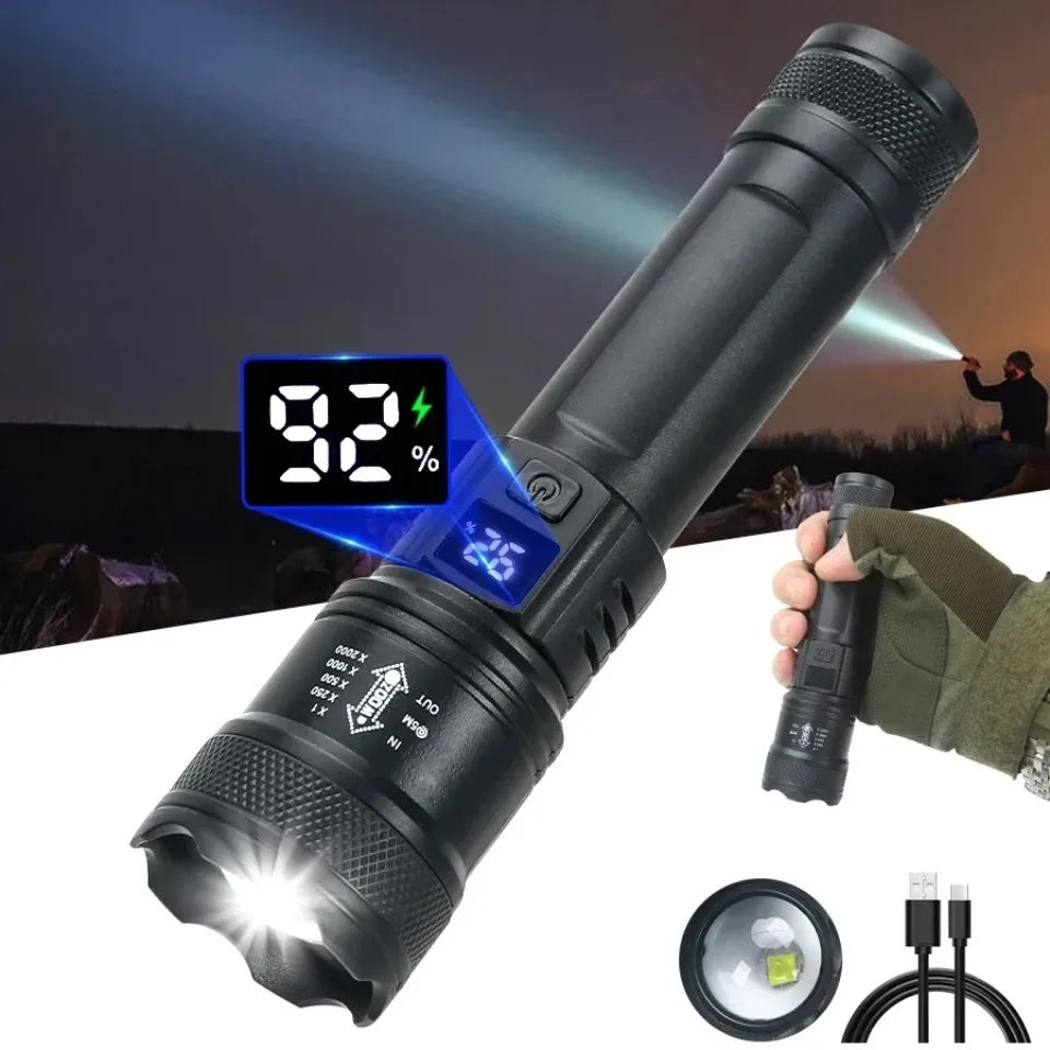 Powerful P70 LED Flashlight Ultra Bright 5000LM Tactical Light with Telescopic Zoom Emergency Spotlight Built-in Battery