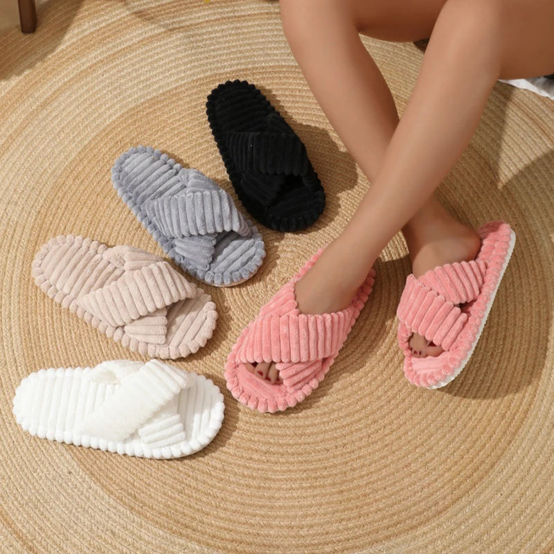Fashion Corduroy Cross Band Home Slippers Women Spring Autumn Warm Plush Slides Woman Indoor Bedroom Soft Sole Cotton Slippers