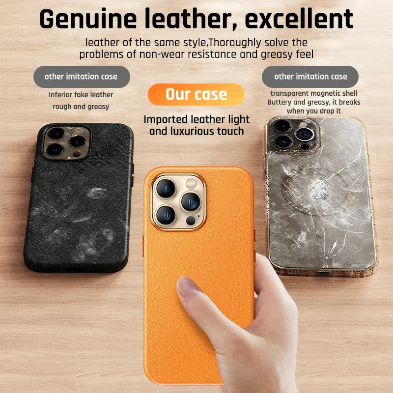 Original Leather Wireless Charging Animation Cases for iPhone 16 15 14 13 Pro Max Magsafe Phone Case Magnetic Cover Accessories - Shoppiline