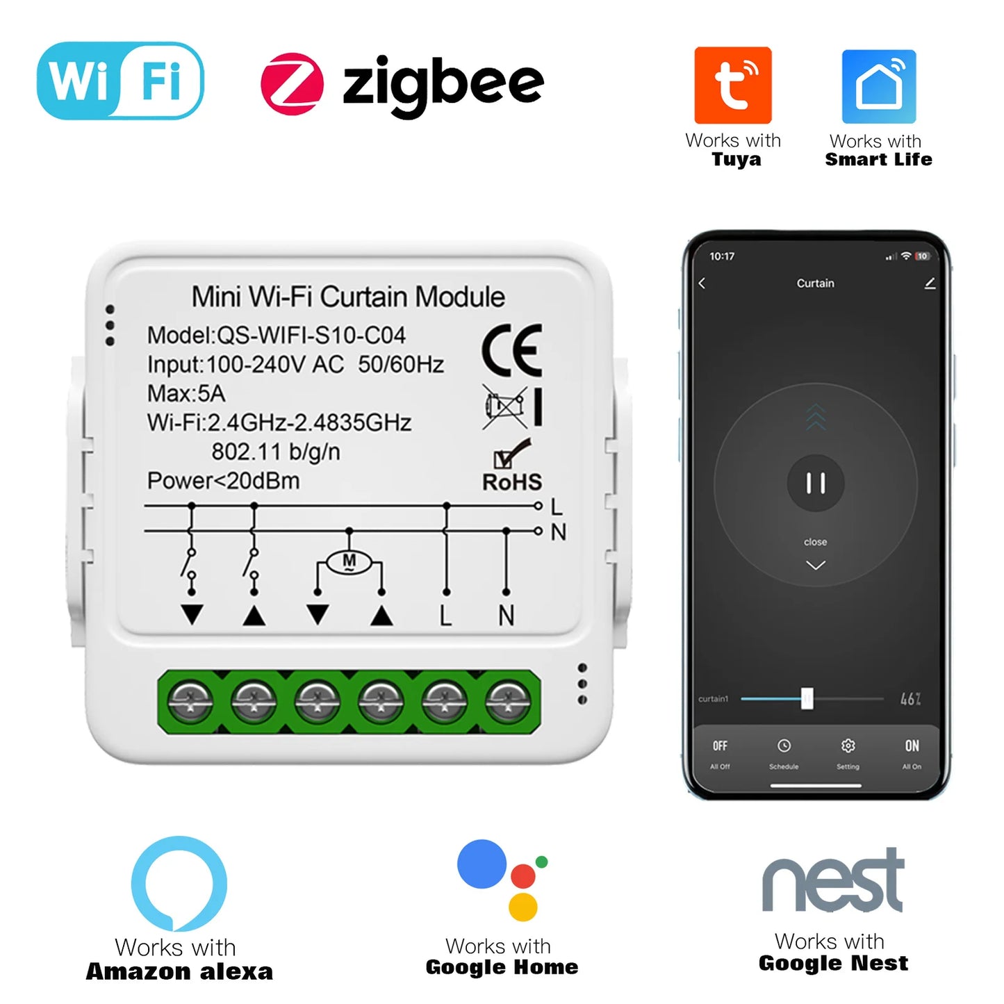 Module d'interrupteur intelligent Tuya WiFi Zigbee pour rideaux roulants, volets, moteur, contrôle par application, fonctionne avec Alexa Google Home Smart Life