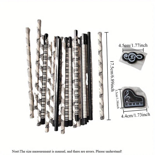 10Pcs Piano Music Note Pencil + 4pcs Pencil Eraser Stationery HB Wooden Painting Sketch Pen Exquisite Gift