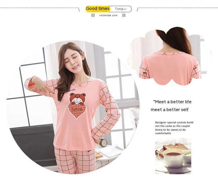 2PCS/Set Women Fashion Long-Sleeved Pajamas Autumn Winter Cartoon Love Bear Cute Soft Loose Casual Omfortable Outside Homewear