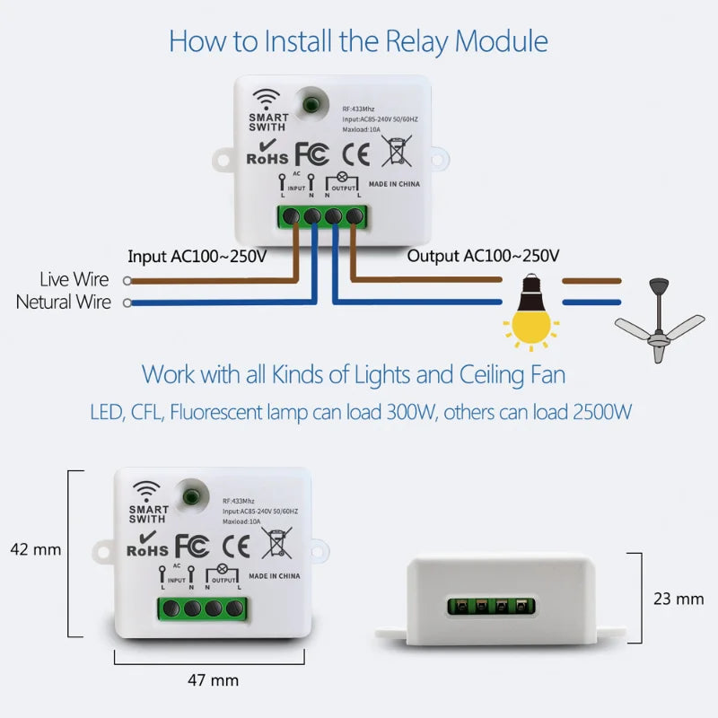 Wireless Light Wall Switch Relay Receiver RF 433Mhz 1/2/3Gang Panel Switch Remote Control Interruptor for LED Lamp 10A 110V 220V