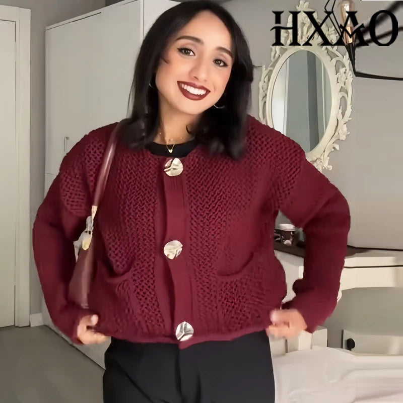 HXAO Knitted Sweater Cardigan For Women Autumn Long Sleeve Cropped Cardigans Ladies Outerwears Winter Button Knit Sweater