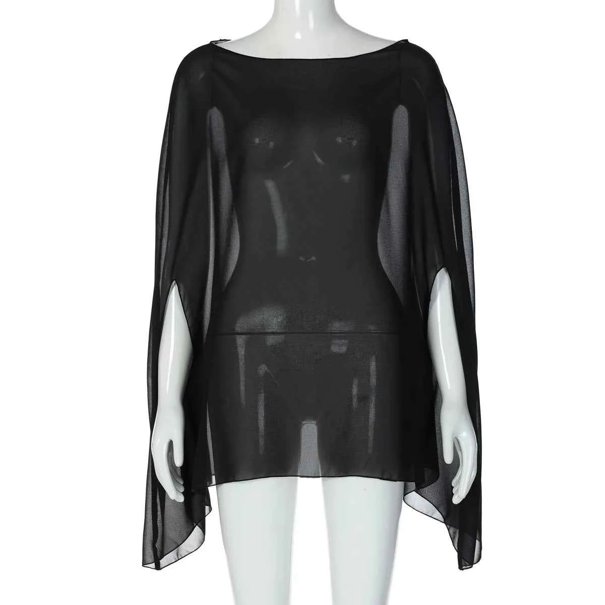 Woman Clothes See-through Chiffon Blouses Sexy Fashion Solid Cover-ups Ladies Elegant Night Club Tops White Black Streetwear