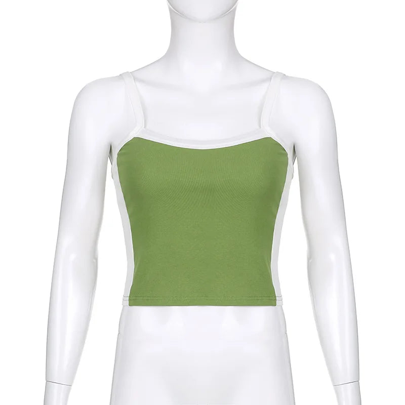 Débardeurs courts en maille sans manches Vert Sexy Basique Patchwork Été 2023 Casual Cami Dos nu Y2k Vintage Débardeur Femme