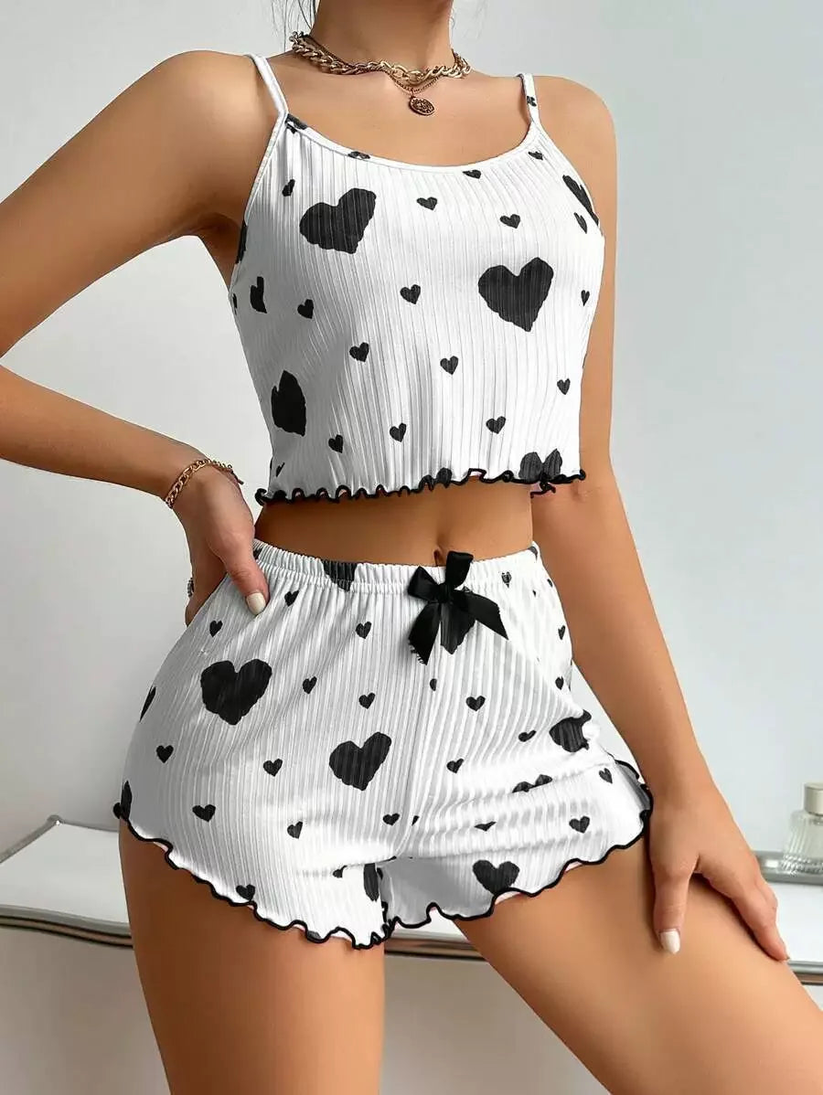 Ensemble de pyjama pour femme 2 pièces : débardeur court et short - Tailles S M L - Blanc - Aéré, doux, décontracté, motif Love