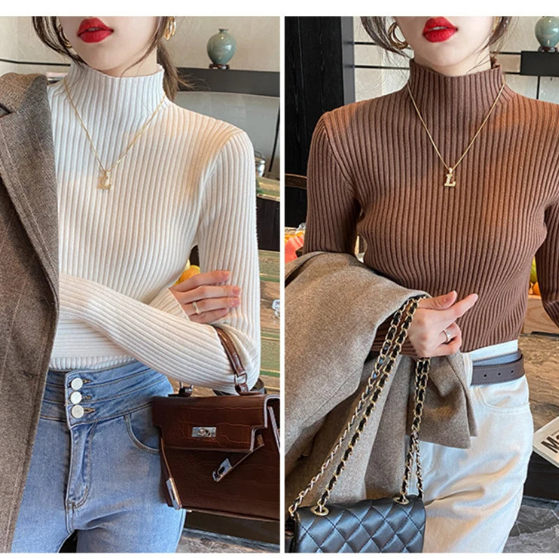 Nouveau pull élégant basique en maille unie pour femme, col roulé, manches longues, décontracté, coupe ajustée, mode simple et chic