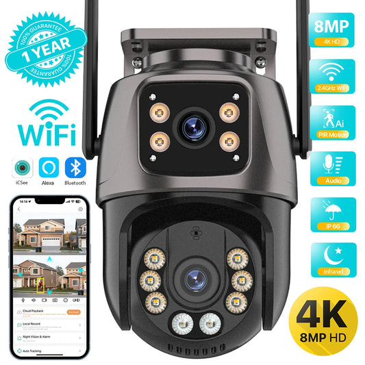4K 8MP HD Wifi PTZ Camera Outdoor 4MP Dual Lens Dual Screen AI Auto Tracking IP Camera CCTV Audio Video Surveillance P2P iCSee - Shoppiline