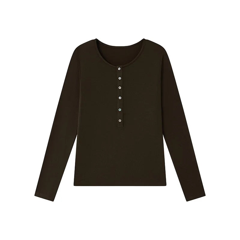 Silk Wool Basic Shirt For Women Autumn Winter Round Button Neck Slim Knitwear, Solid Color Striped Long Sleeve Top