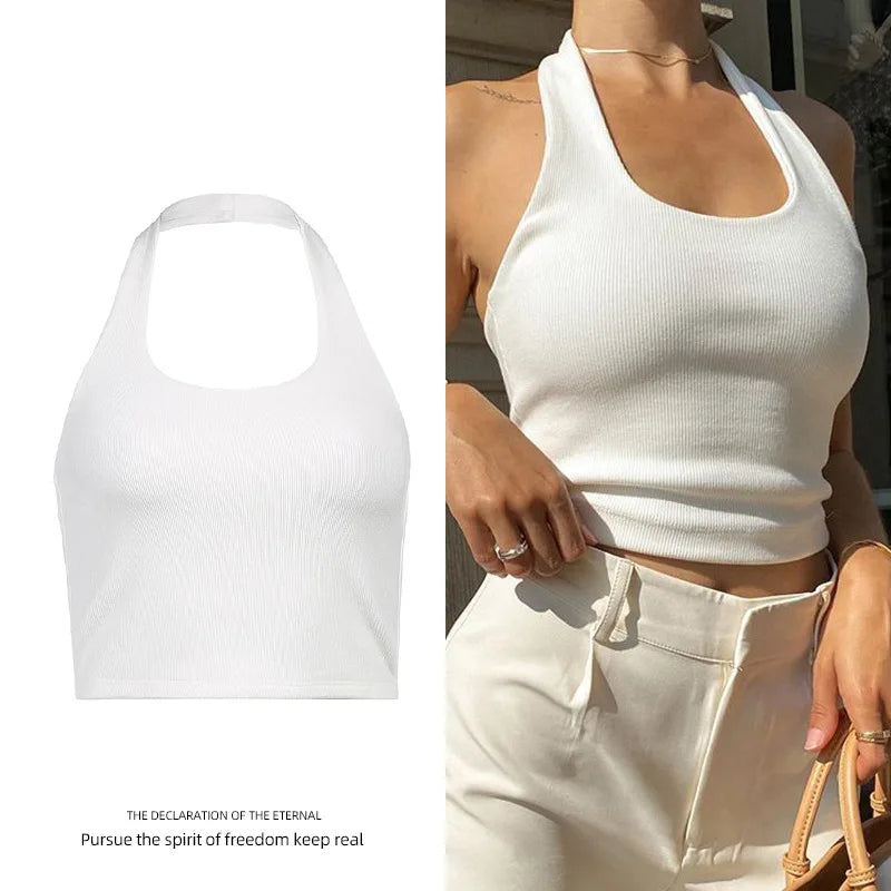 Women's Ribbed Halter Neck Crop Tank Top Sleeveless U-Neck Backless Slim Fit Solid White Knit Cami Summer Casual Basic Y2K