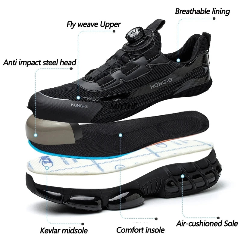 Men's Work Shoes  Rotary Buckle Work Sneakers Protective Shoes Safety Industrial Puncture-Proof Anti-Smash Steel Toe Shoes