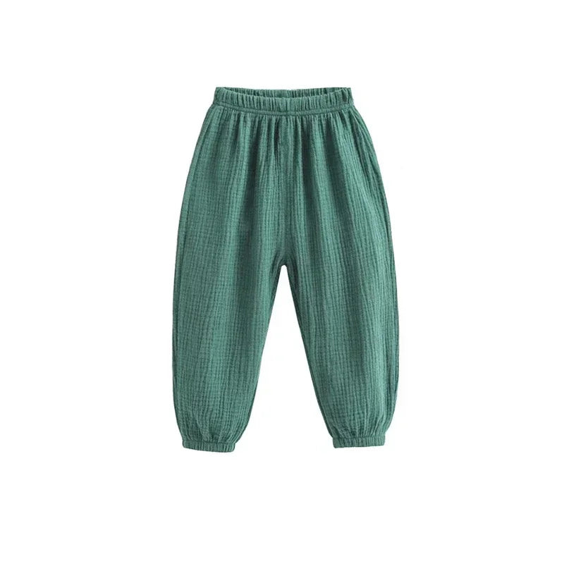 Summer Korea Children Pants Casual Girls Boys Cotton Linen Solid Color Loose Pleated Pant Trousers Girls Hight Waist Harem Pants