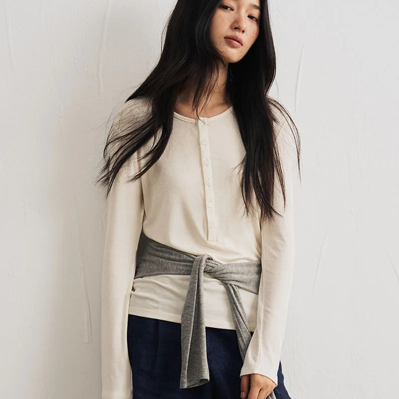 Silk Wool Basic Shirt For Women Autumn Winter Round Button Neck Slim Knitwear, Solid Color Striped Long Sleeve Top