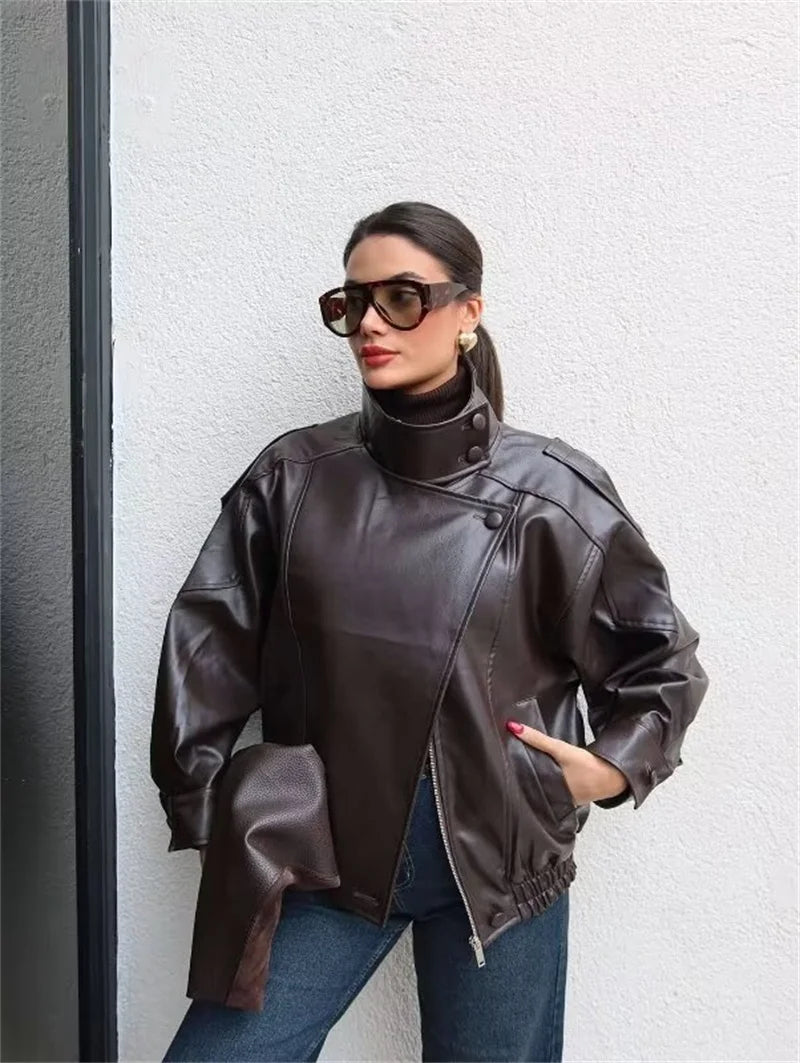 Women's Jacket 2026 Autunm  New Black Long Sleeve Pebble Faux Leather Jacket Motorcycle Style Personality Fashion
