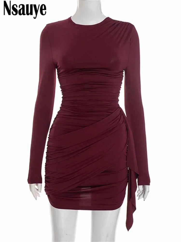 Nsauye New Fashion Women Short Wrap High Waisted Mini Winter Dress 2025 Outfits Sexy Night Club Party Evening Long Sleeve Dress