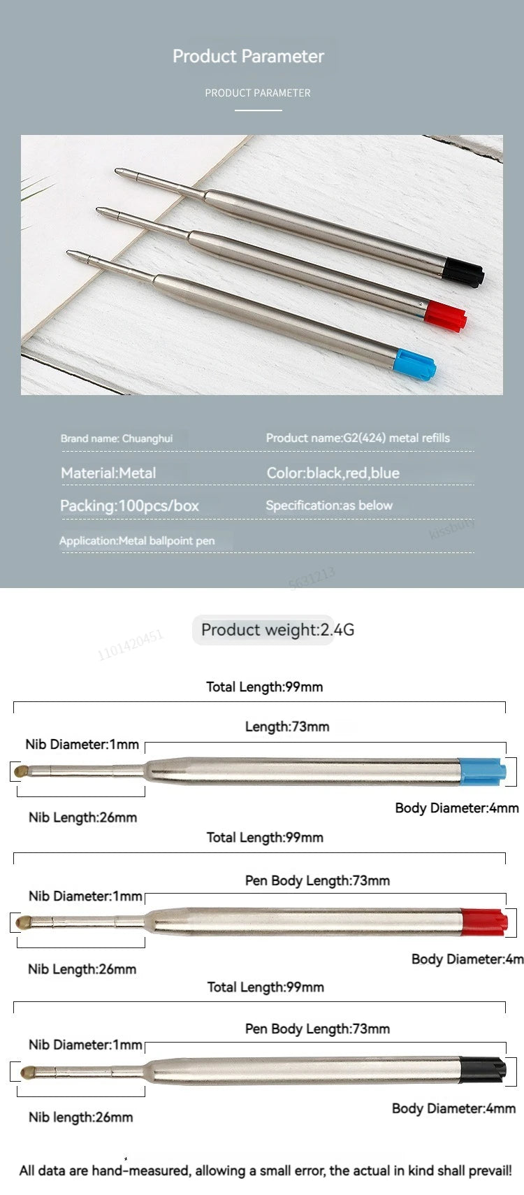 5-20pcs L:3.9 in/99mm Ballpoint Pen G2 Refills for Medium Point Blue Red Black Ink Rods for Office Stationery School Supplies
