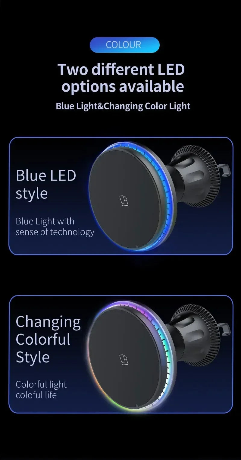 Magnetic Car Wireless Charger RGB For iPhone12 13 14 15 16 17 Pro Max Macsafe Car Phone Holder Stand Mount Fast Charging Station - Shoppiline