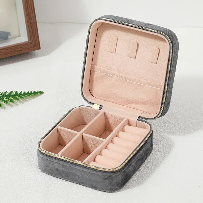 Boîte à bijoux en velours pour femmes, organisateur de colliers, bagues, boucles d'oreilles, étui de rangement portable carré à fermeture éclair