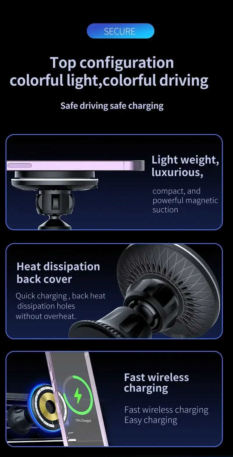 Magnetic Car Wireless Charger RGB For iPhone12 13 14 15 16 17 Pro Max Macsafe Car Phone Holder Stand Mount Fast Charging Station - Shoppiline