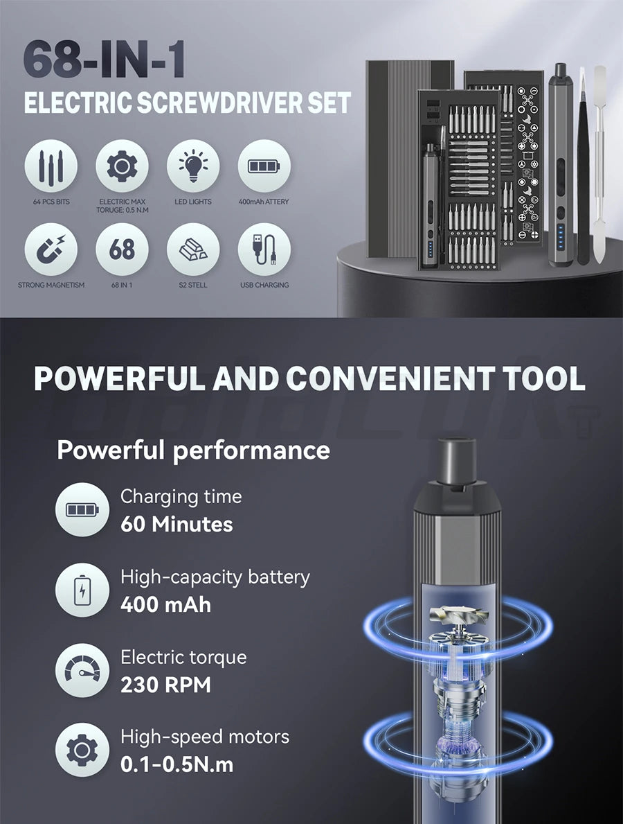 68 IN 1 Precision Electric Screwdriver Set 5 Levels Adjustable Comes Fill Light Professional Mobile Phone IPad Repair Tool - Shoppiline