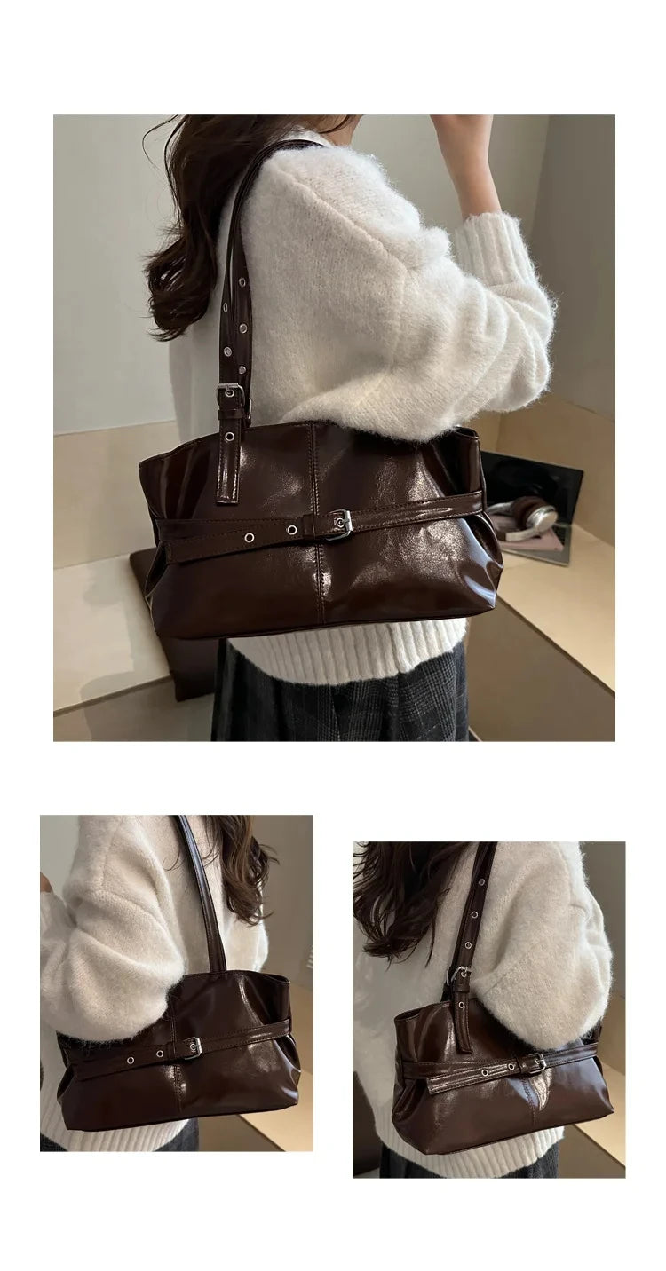 Solid-color Versatile Tote Bag for Women High-quality Suede Buckle-designed Bucket Commuter Bag