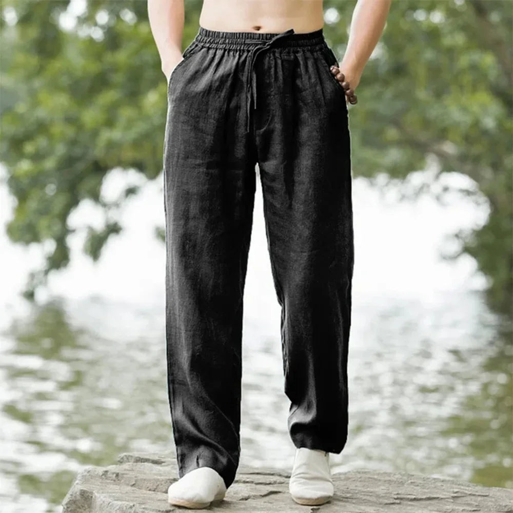 2025 summer men's cotton and linen oversized wide leg pants, men's artistic style elastic waist solid color casual loose pants