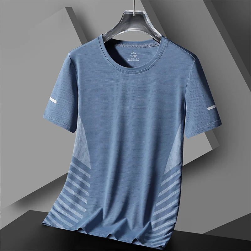 Laufendes T-Shirt Herren Sommer Eisseide Dünnes Oberteil Reflektierender Druck Schnell Trocknend Kurzarm Atmungsaktives Fitness Sport T-Shirt 5XL