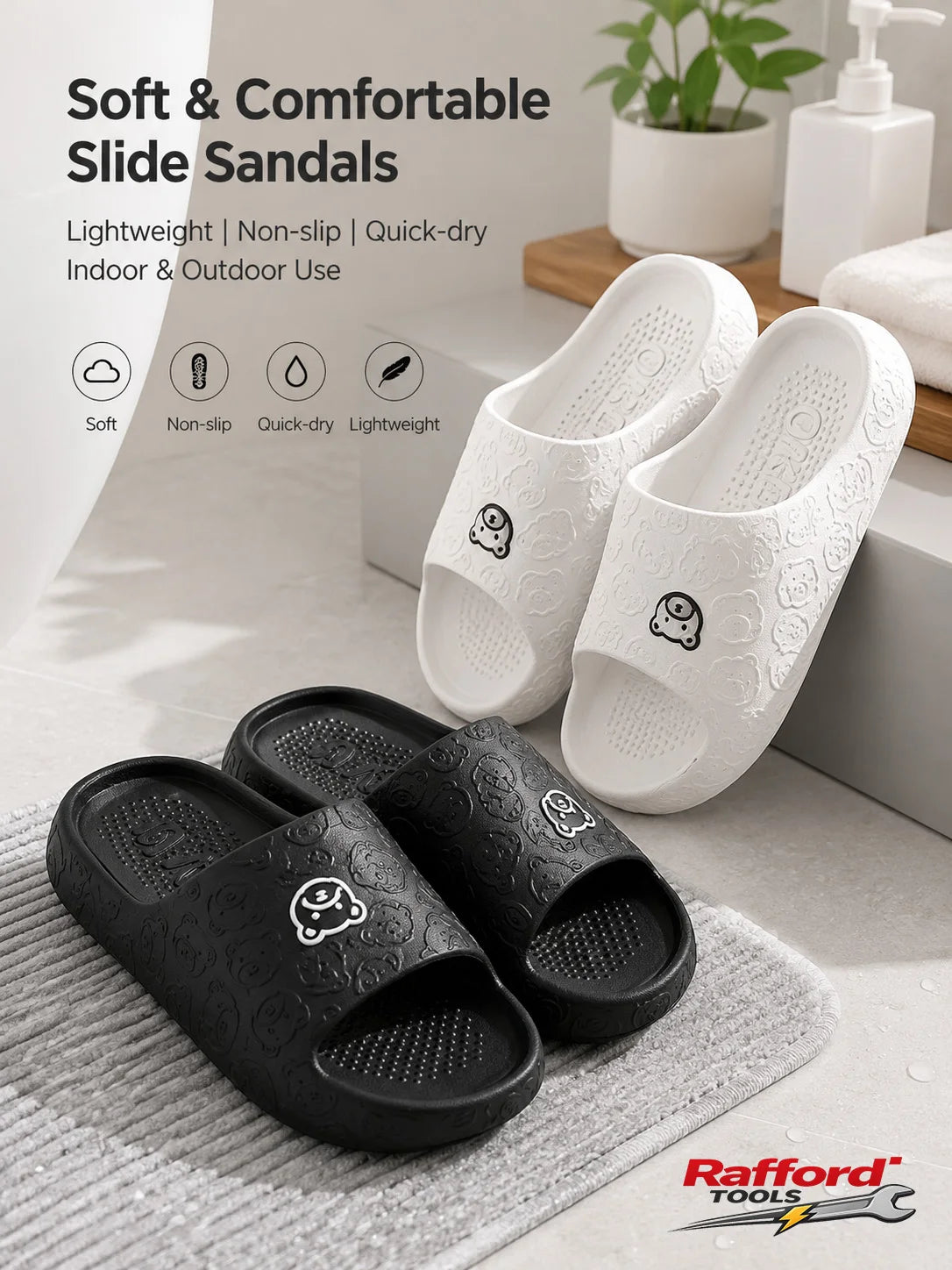 Rafford Bear Print Slides Soft Non-Slip Quick-Dry Unisex Sandals for Home Bathroom Dorm Couples Summer Shoes