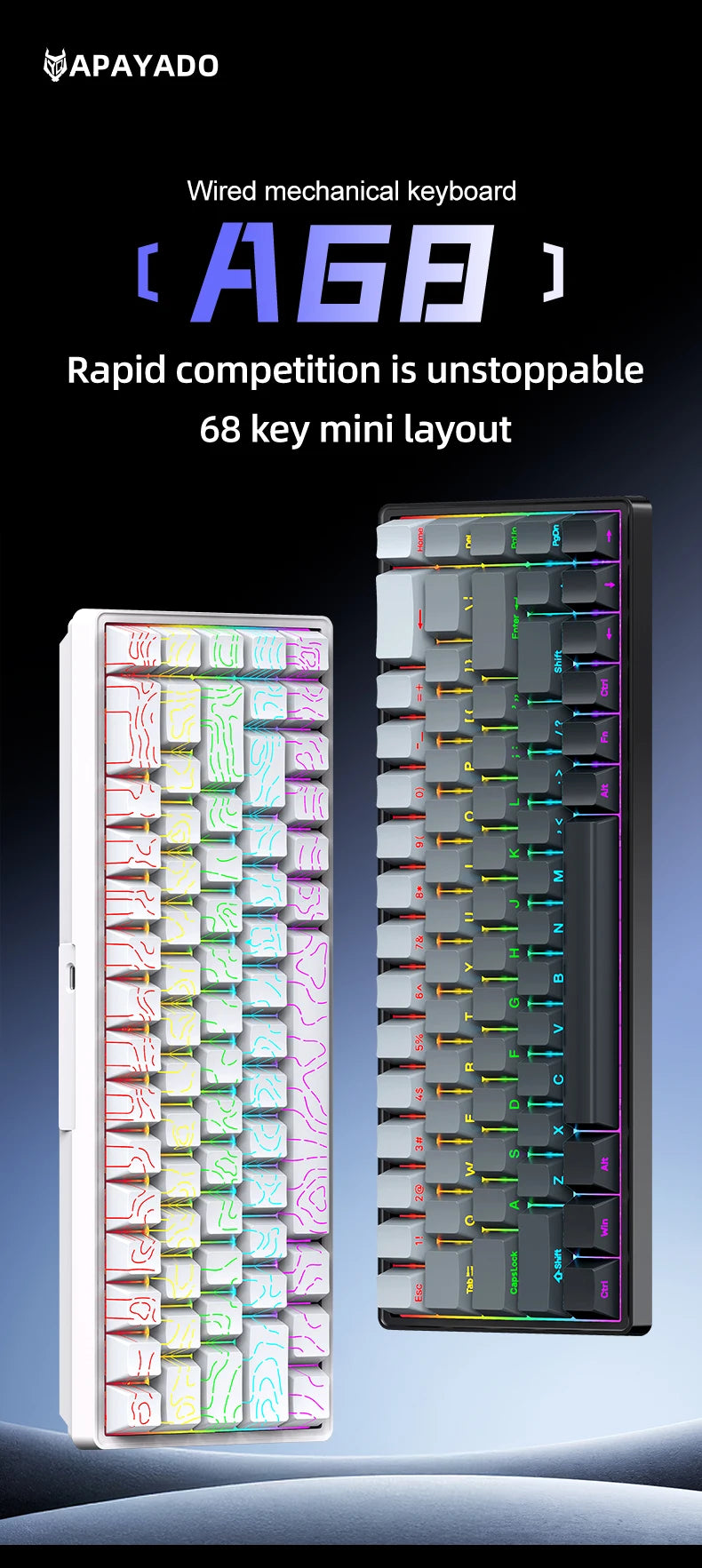 APAYADO A68 Wired Mechanical Keyboard RGB Backlight,Fully Hot-Swappable Keys,ABS Keycaps,68-Key Keyboard for Gaming/Office Use