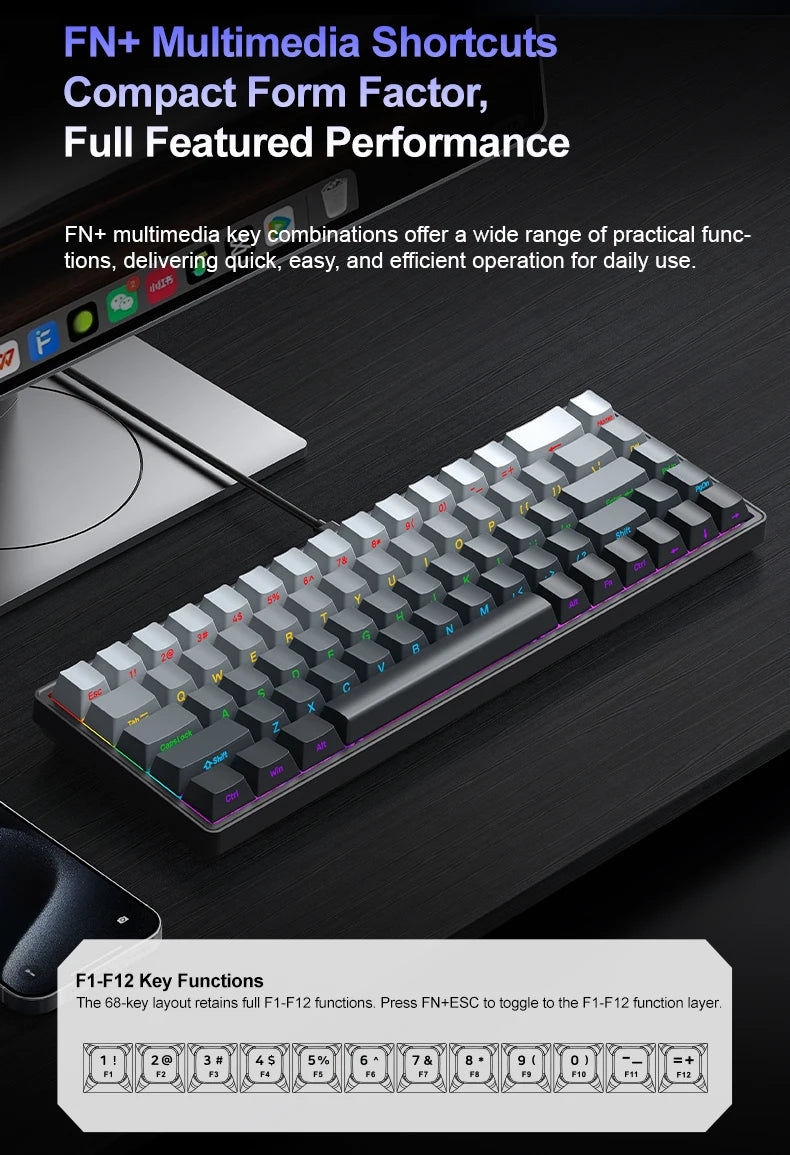 APAYADO A68 Wired Mechanical Keyboard RGB Backlight,Fully Hot-Swappable Keys,ABS Keycaps,68-Key Keyboard for Gaming/Office Use