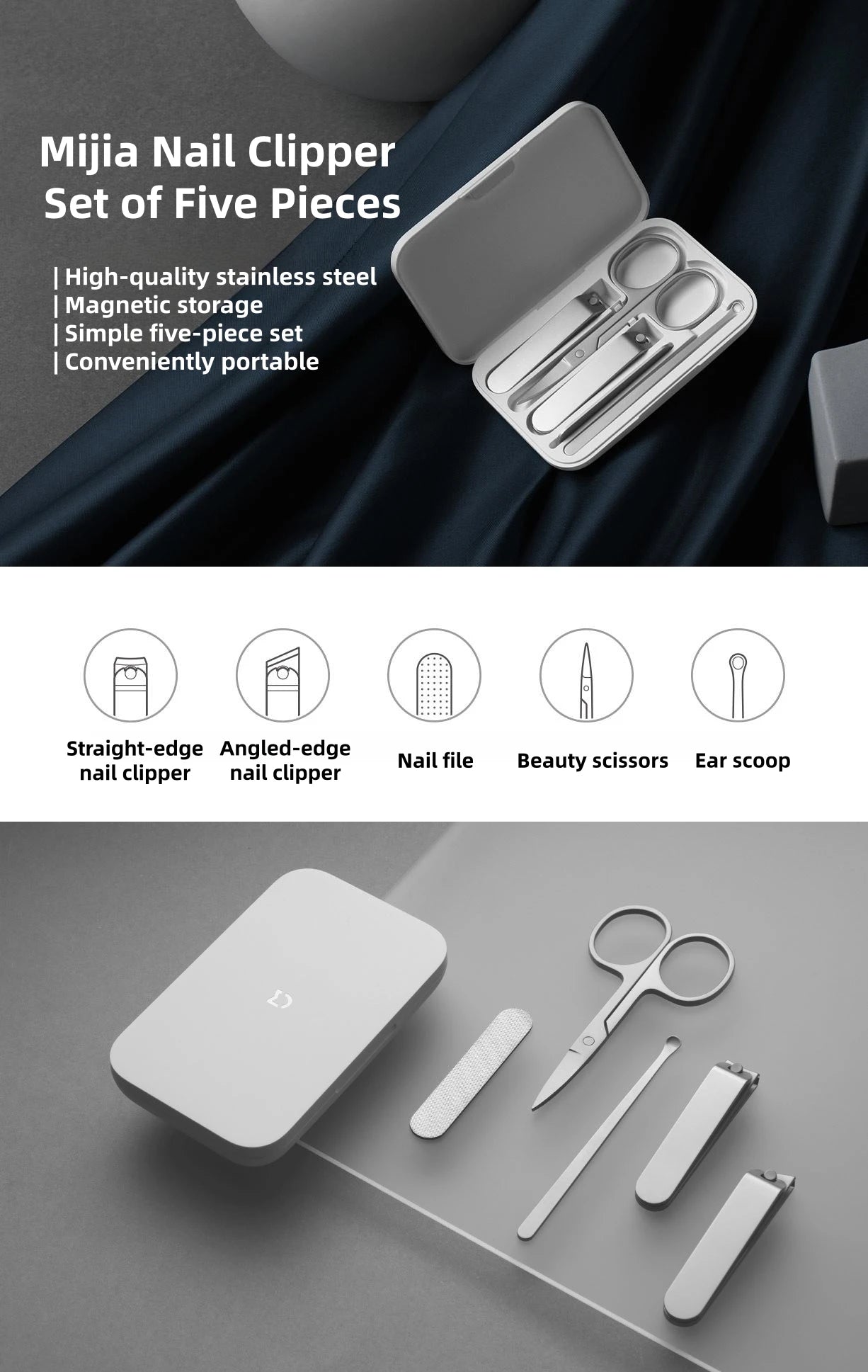 Mijia Nail Clipper Five-Piece Set White High-Quality Stainless Steel Magnetic Absorption Simple Five-Piece Set Portable